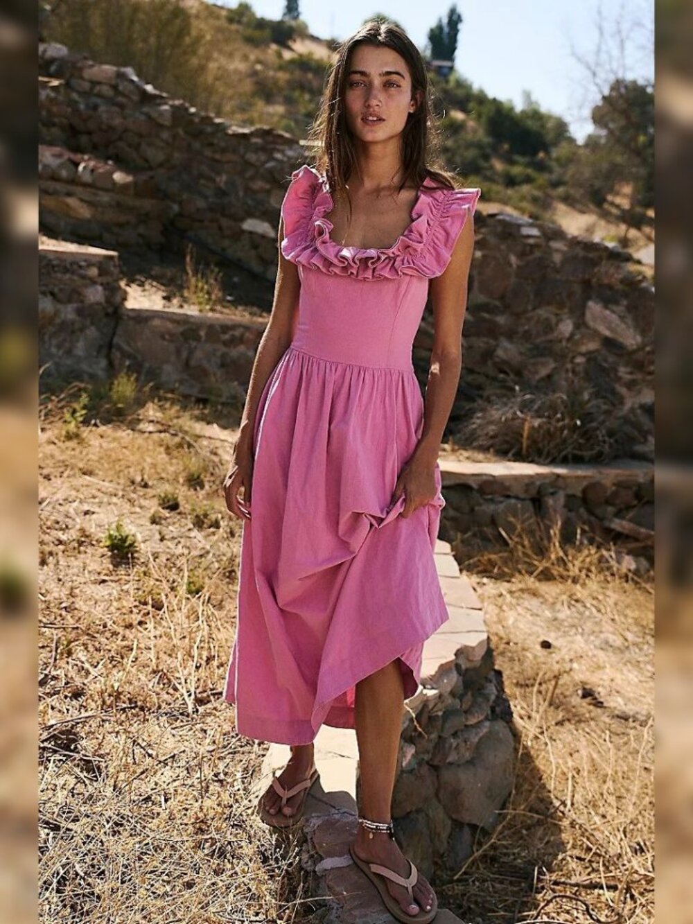 Free people Ruffle It Up Midi Dress L 10 Women's Casual Square Neck NEW 46534